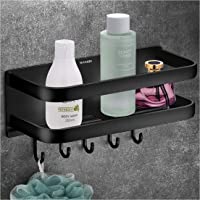 Wangel Estantería Profundo con 5 ganchos para Baño Ducha- Pegamento Patentado + Autoadhesivo- Aluminio- Acabado Mate…